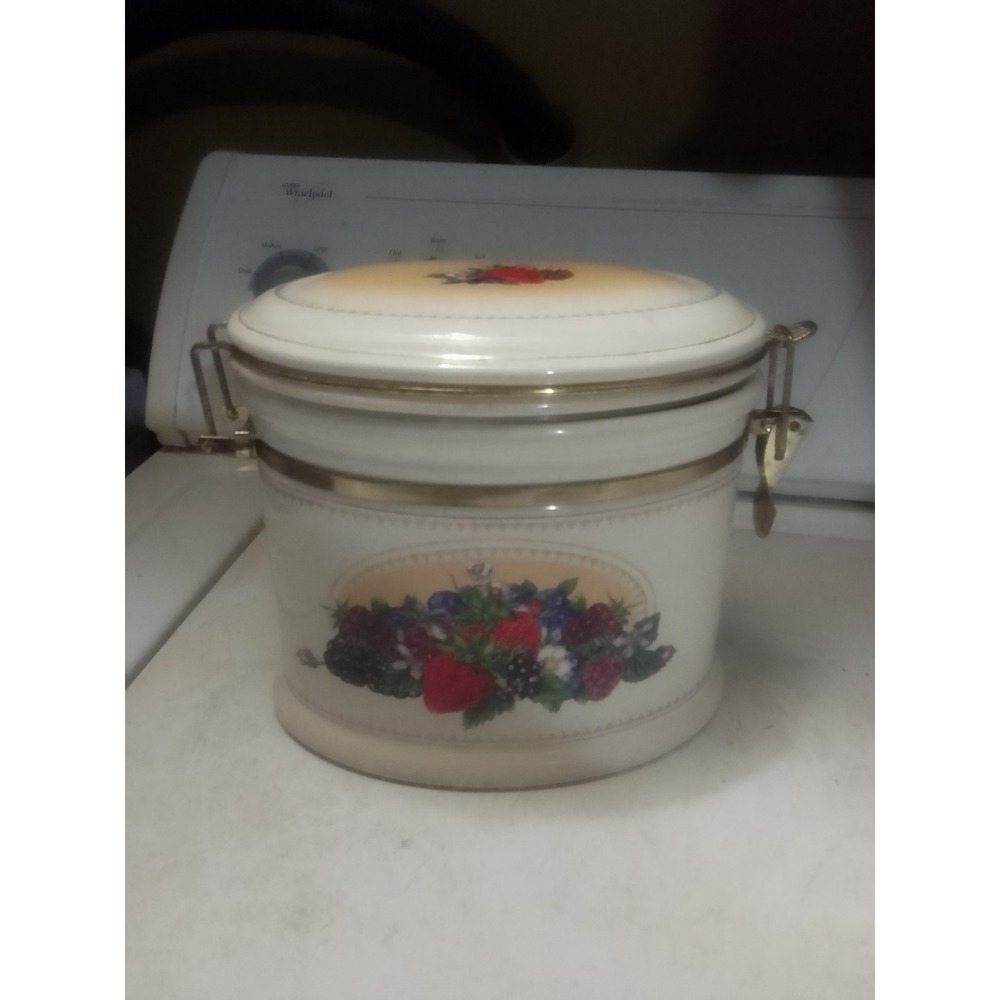 Knott's Berry Farm‎ Ceramic Canister with Metal Clamp and Fruit Design, Vintage